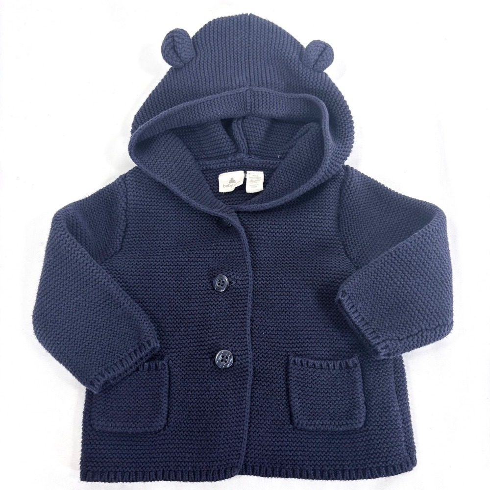 Baby Gap Knit Hooded Cardigan Navy Blue Bear Ears 6 12 Months Cotton
